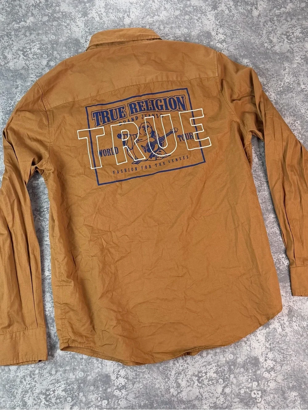 True Religion Men's Button-Down Shirt in Caramel Brown with Navy Logo